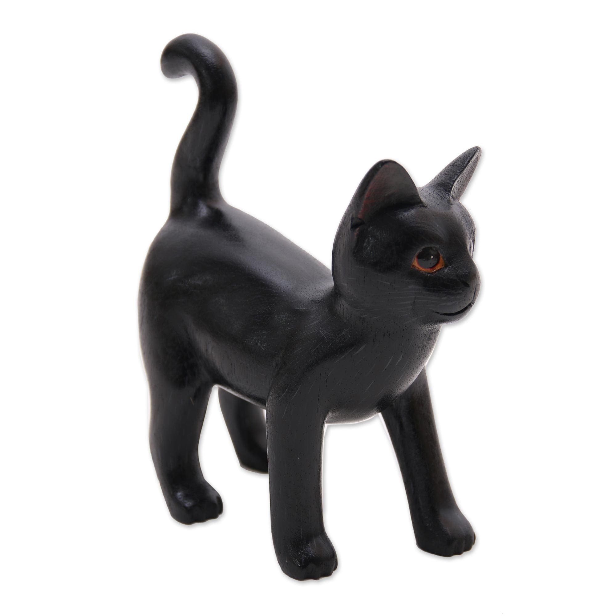 Handmade Curious Kitten In Black Wood Sculpture (Indonesia) - 7.25" H x 6.25" W x 3" D