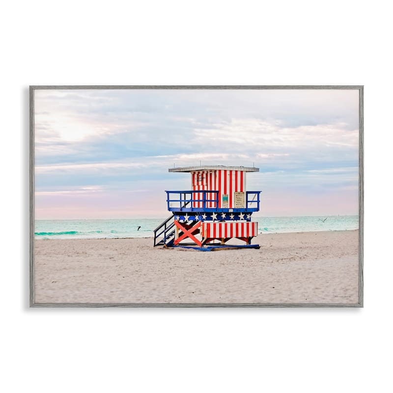 Stupell Patriotic Lifeguard Hut Framed Giclee Art Design By Seven Trees Design - 18 x 12 - Grey