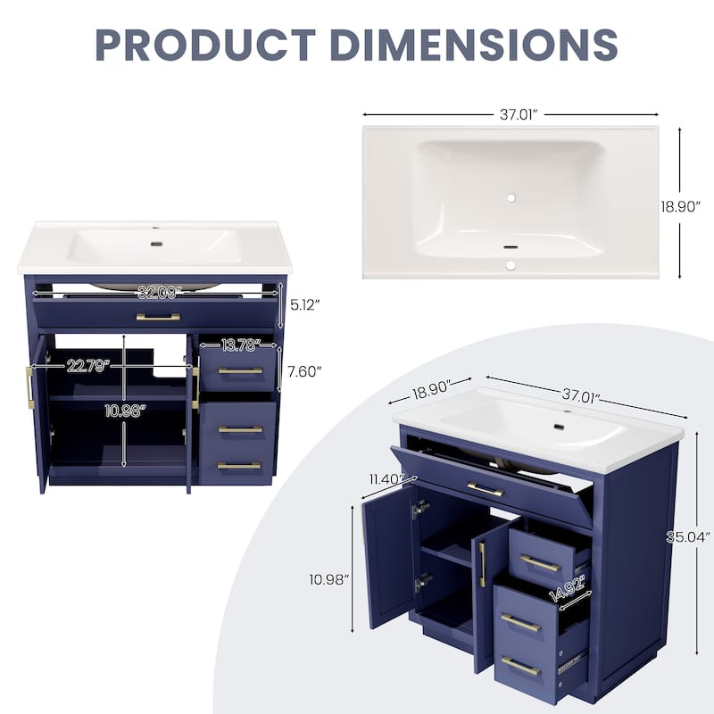 36" Free-Standing Bathroom Vanity with Marble Countertop-Soft-Close Drawers & Cabinet