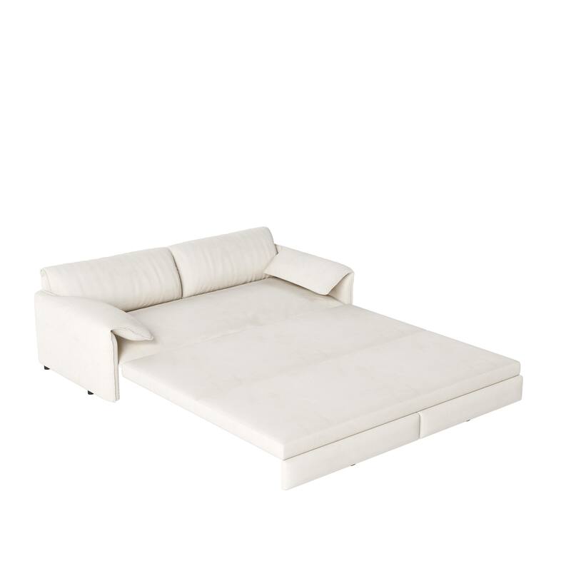 66" 3-in-1 Convertible Beige Velvet Sleeper Sofa Bed with Side Storage