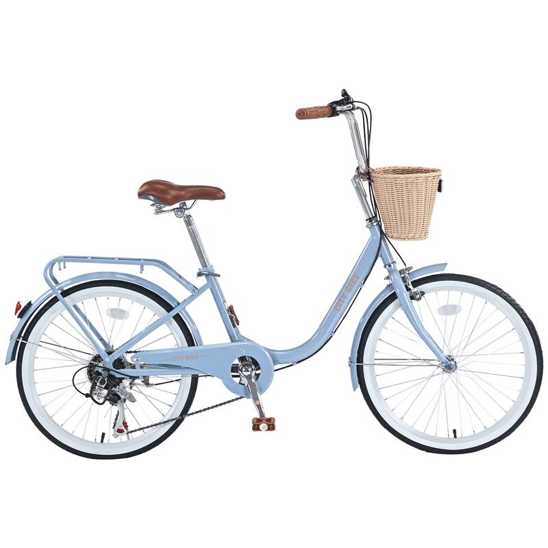 7 Speed Comfort City Bike, 22 Inch Road Cycling Bicycle with Leather Saddle and Basket, Steel Frame for Kids and Teens