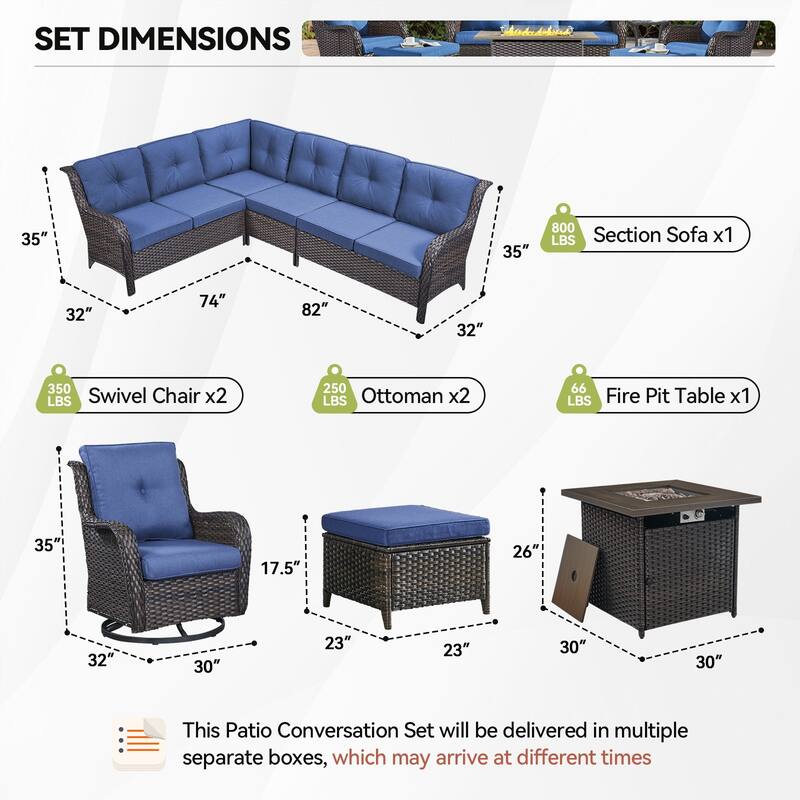 Outdoor 2 Sectional Sofa with Fire Pit Table Set