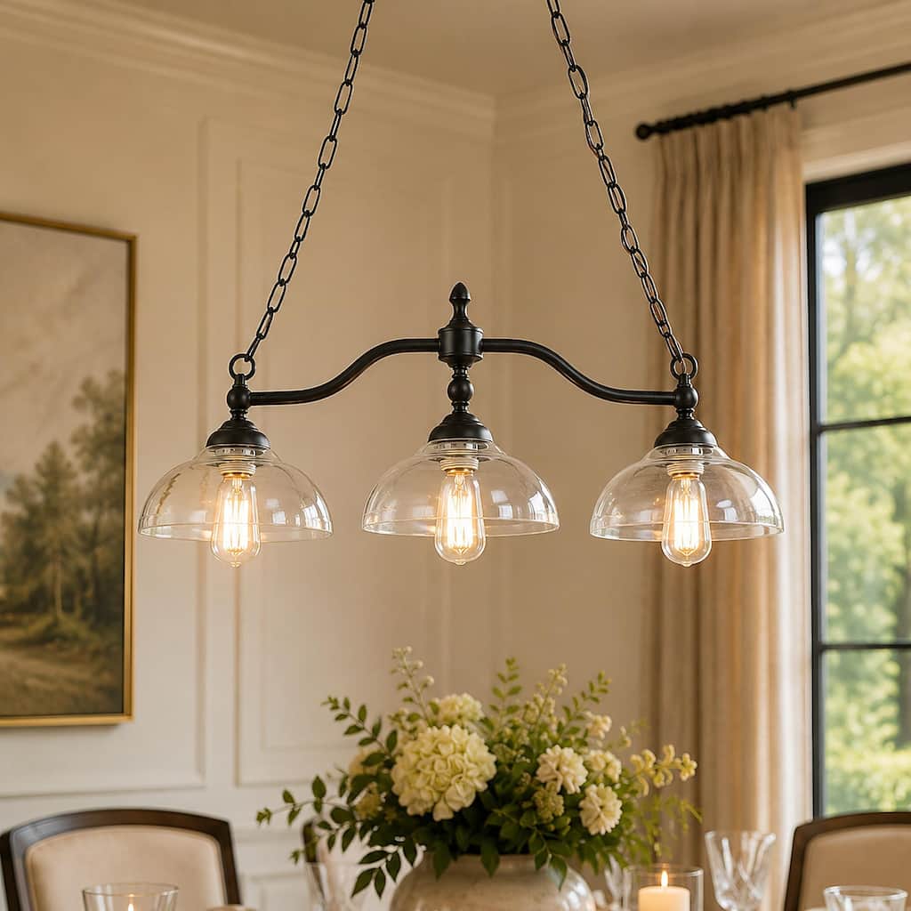 Modern Farmhouse 3-Light Linear Black Chandelier Glass Kitchen Island Lights for Dining Room - W38"x W7.9" x H8.3"