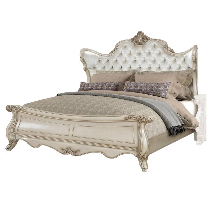 Moen King Size Bed, Tufted Polyester Upholstery, Carved Wood, Champagne