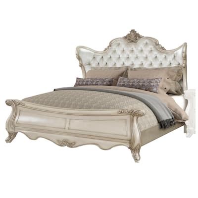Moen King Size Bed, Tufted Polyester Upholstery, Carved Wood, Champagne