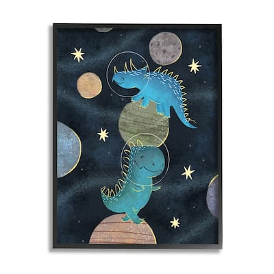 Stupell Galactic Dinosaur Astronauts Outer Space Planets Framed Wall Art - Blue