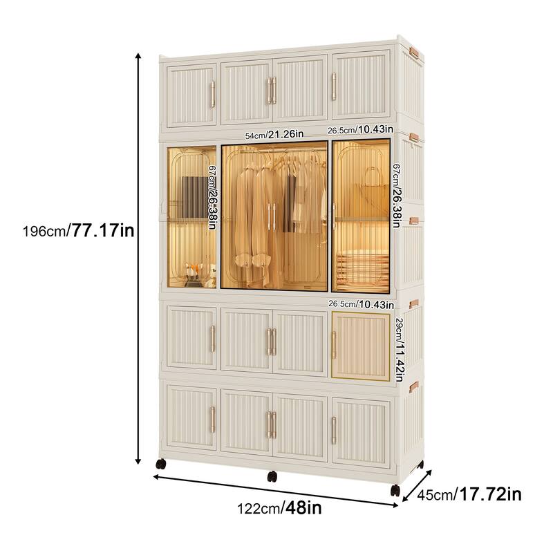 Portable Wardrobe Closet Organizer with 17 Magnetic Doors, 17 Cubes, Hanging Rod & 6 Hangers, Plastic Clothes Storage Cabinet