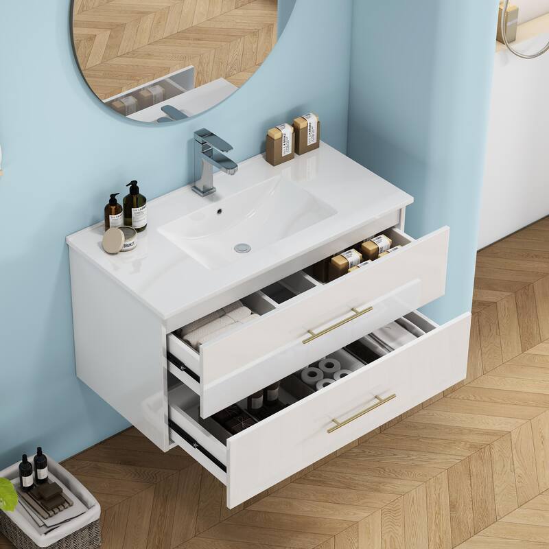 36-Inch Gloss Wall-Mounted Bathroom Vanity with Sink Combo,Double Drawers,Ceramic Sink, Long Gold Metal Handle