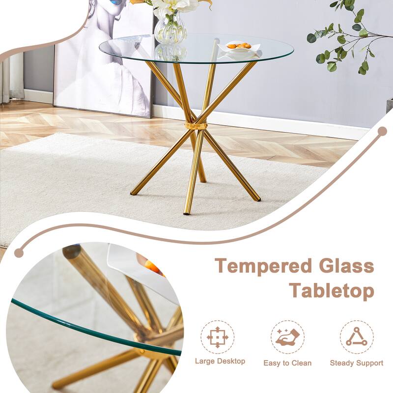 Roomfitters Clear Glass Dining Table for 4-6 with Ring-Shaped Silver Metal Legs for Kitchen or Work Space