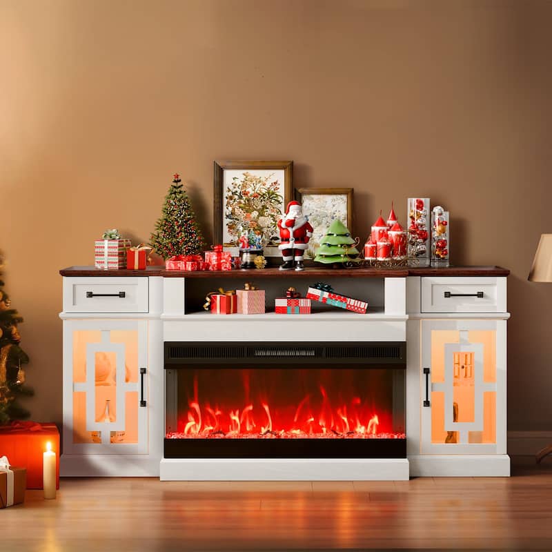 80 Inch Fireplace TV Stand with LED Lights Remote Control and Timer - 70 x 15.51 x 32.60 in