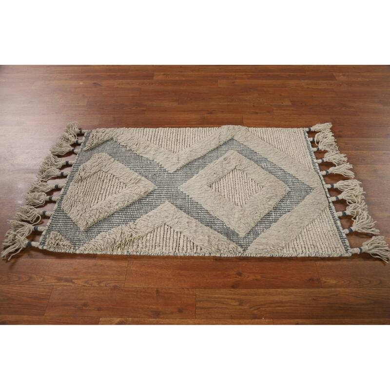 Moroccan Indian Rug Hand-Knotted Geometric Wool Carpet - 2'0"x 3'0"