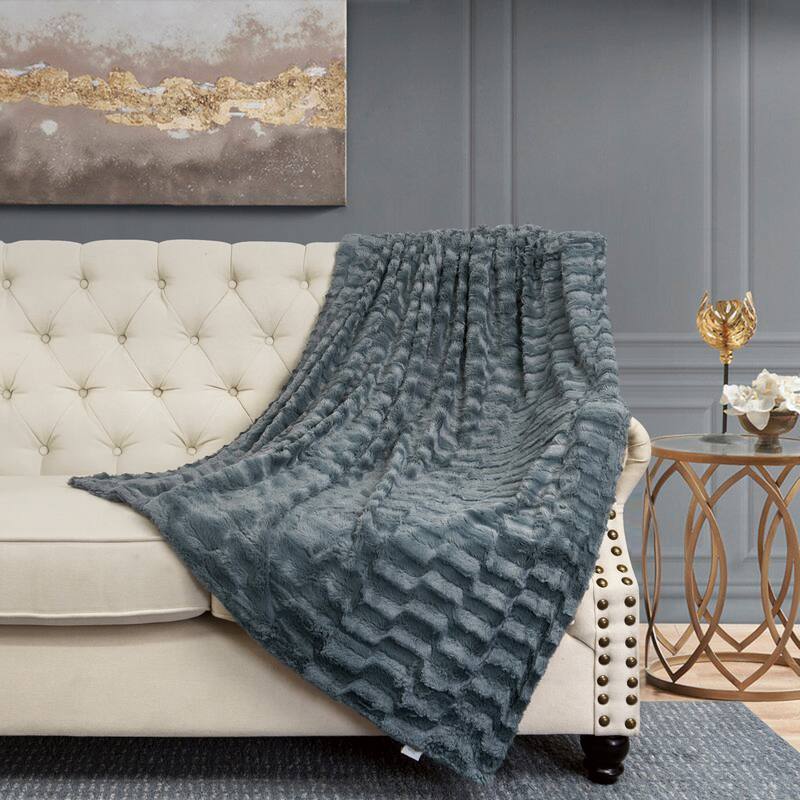 Oversized Saga Double Sided Fauxfur Throw, 60" x 80" - Pewter