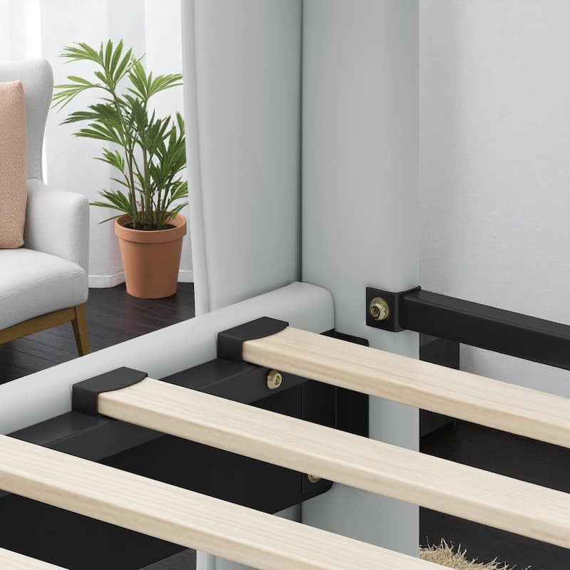 Queen/King PU Leather Upholstered Platform Bed with Wingback Headboard & Footboard, Gold Metal Accents and Wooden Slats