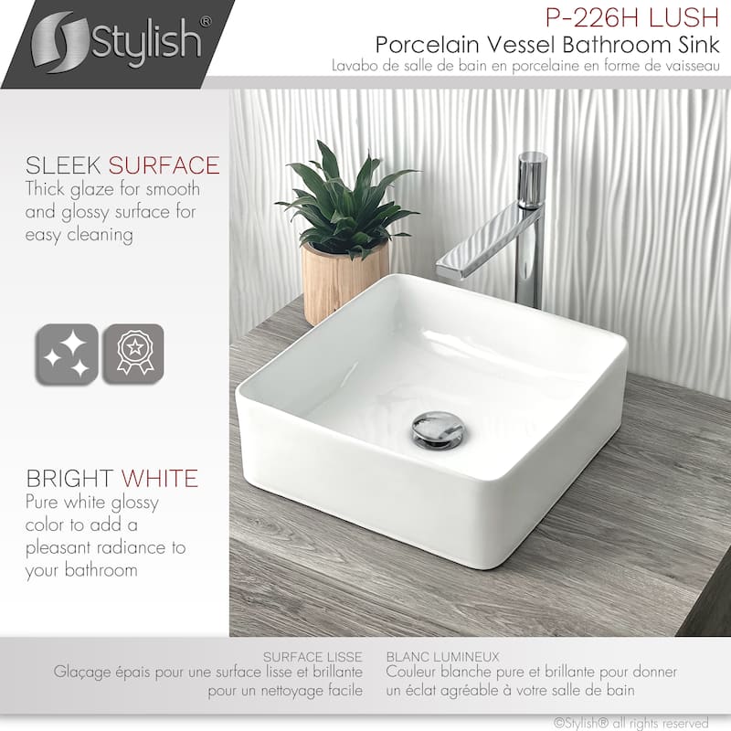 STYLISH 14 1/2 inch Square Porcelain Bathroom Sink - 14 1/2" x 14 1/2" x 5"
