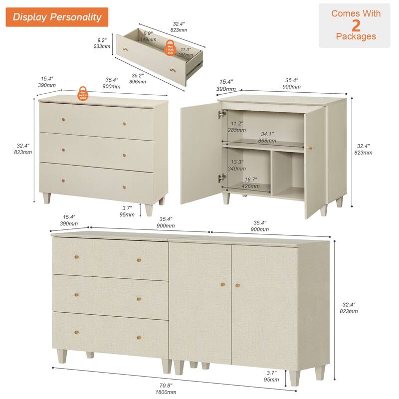Wood Dresser with 3 Drawers and 1 Cabinet for Bedroom, 71" Wide