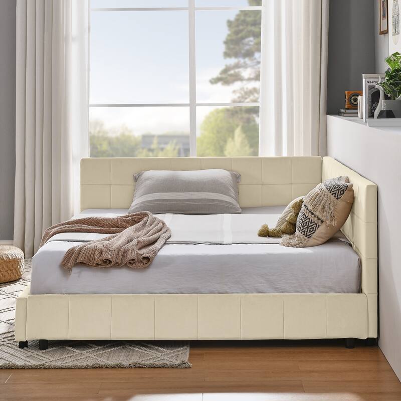 Full Size Daybed L-Shaped, Modern Velvet Upholstered Sofa Day Bed Frame with Wood Slats for Living Room Bedroom