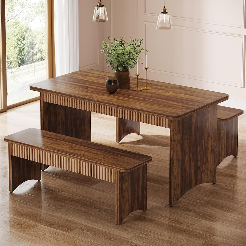 Dining Table Set, 55 Inches Dining Room Table with 2 Benches, Brown