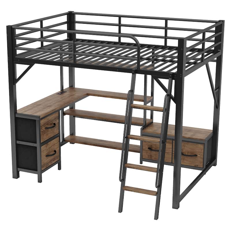 Full Size Loft Bed with Desk and Light