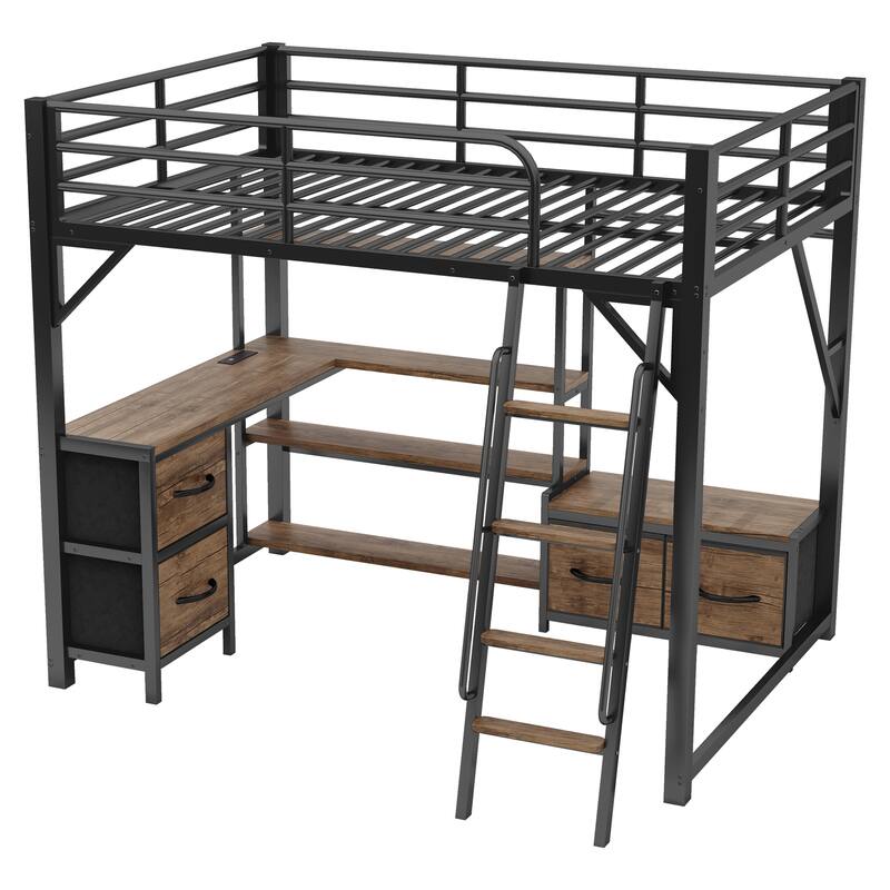 Full Size Metal Loft Bed with Desk, LED Lights, USB Charging & Storage Shelves for Kids & Teens