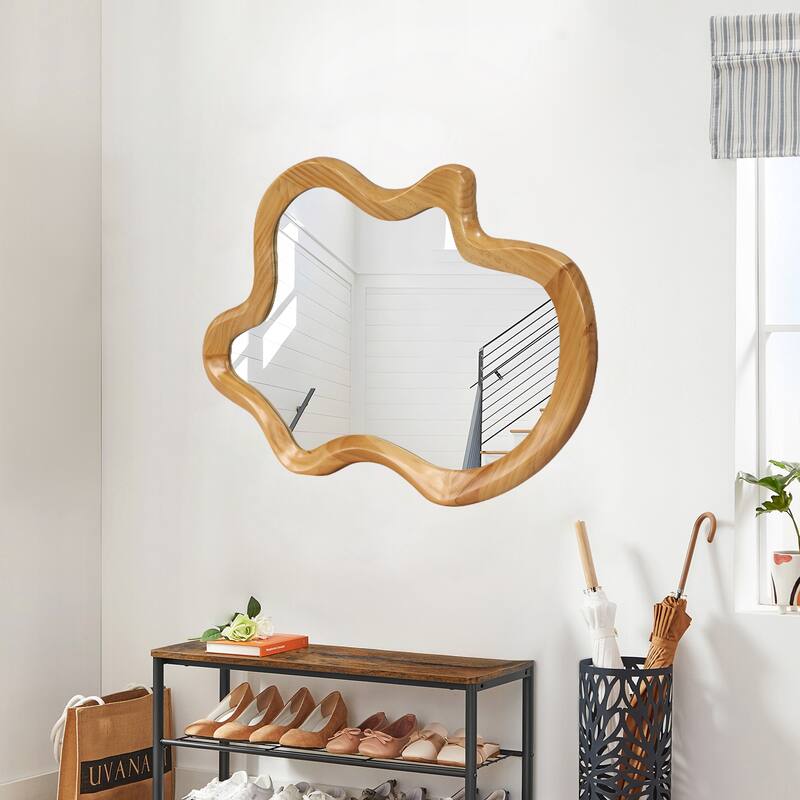 33.46" x 22.24" Irregular Shaped Wall Mirror with Natural Wood Frame