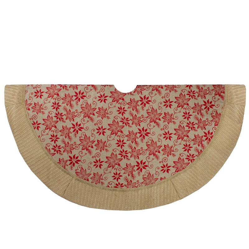 48" Tan and Red Rustic Burlap Poinsettia Christmas Tree Skirt - 48