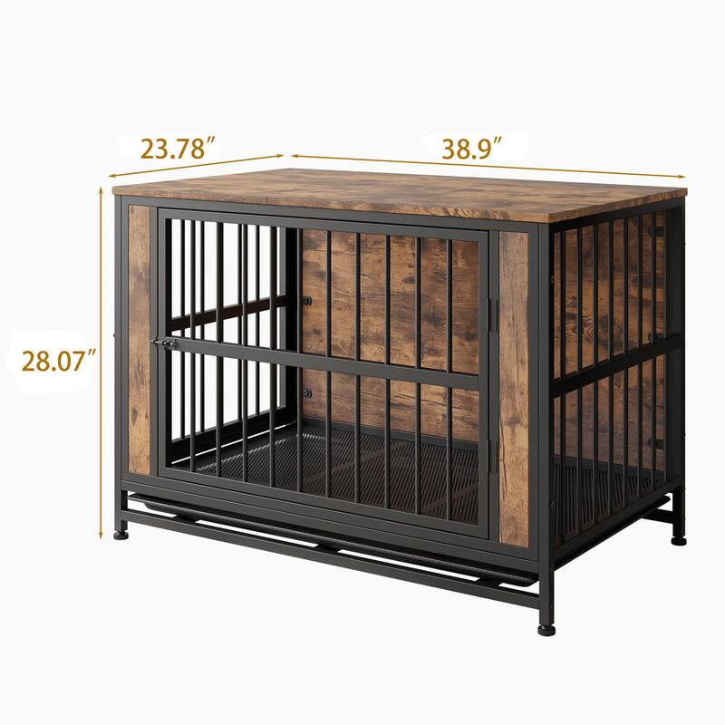 Dog Crate Furniture, Wooden Dog Crate Table, 38.9" Dog Kennel with 2 Sliding Doors and Thick Iron Door Frame, for Large Dog