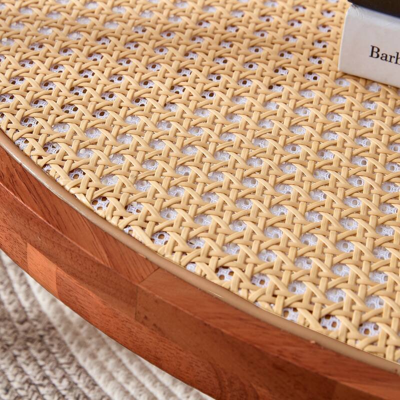 Circular Double-Layer Coffee Table, Glass Coffee Table with Open Rattan Storage Shelf Solid Wood Frame Tea Table