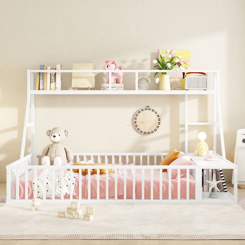 Full Size Floor Bed Frame with Safety Fence, Metal Floor Bed with Desk and Storage Shelves, Playhouse for Kids