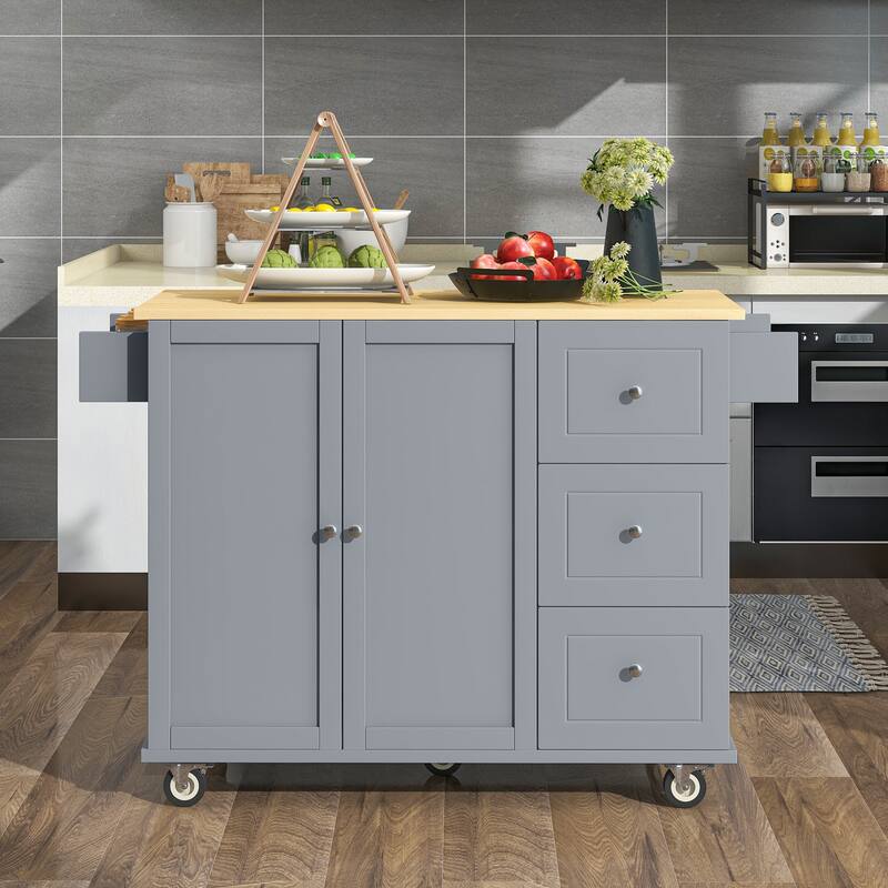 52.76'' Solid wood Kitchen Island with Locking Wheels, Drop Leaf, Adjustable Shelf and 3 Drawers - 52.76'' x 29.5'' x 36.81'' - Blue+Grey
