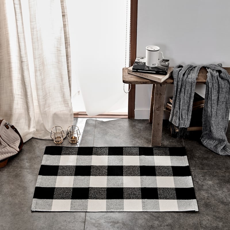 Buffalo Plaid Check Rug Door Mat Bath Runner Black White Check