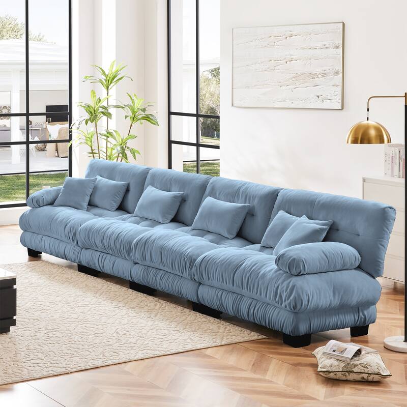 Rossetta 4-Seater Stylish Design Chenille Modular Sectional Sofa with Round Bolster Armrests - Blue