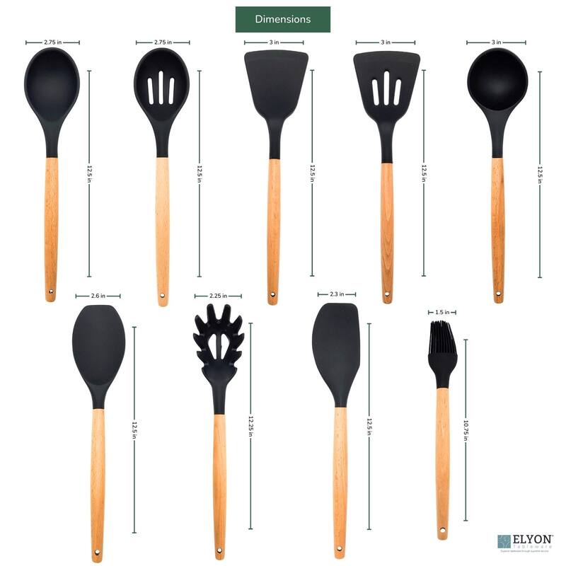 Elyon 9 Piece Colored Silicone with Wood Handles Kitchen Utensils Set - 9 Piece