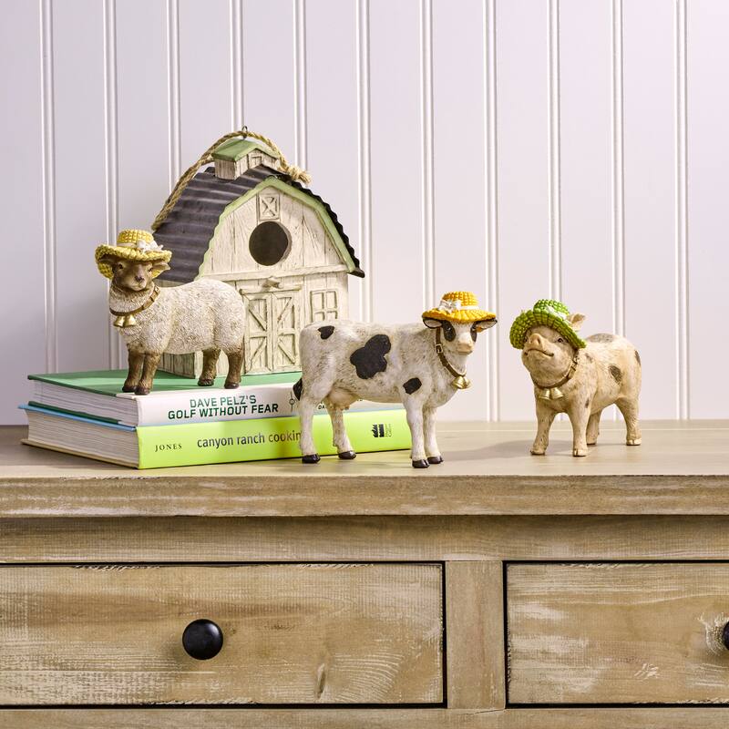 6.5" Resin Country Pig, Sheep, and Cow With Bonnet Set of 3