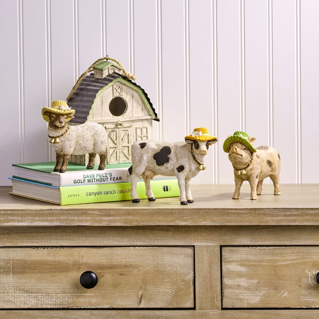 6.5" Resin Country Pig, Sheep, and Cow With Bonnet Set of 3