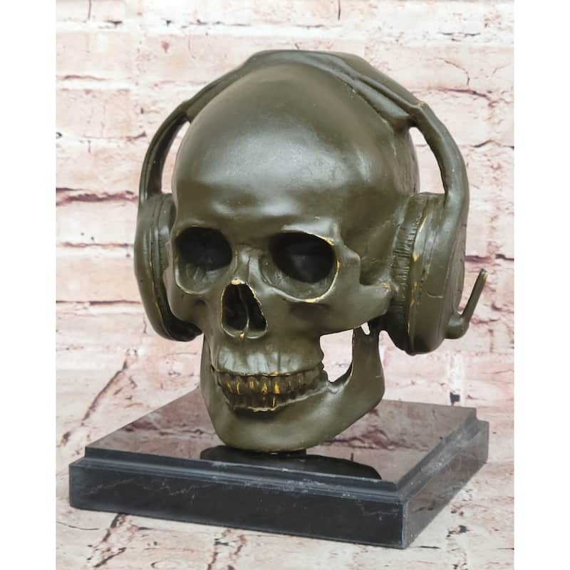 Skull With Headphones Bronze Sculpture - Modern Gothic Music Art