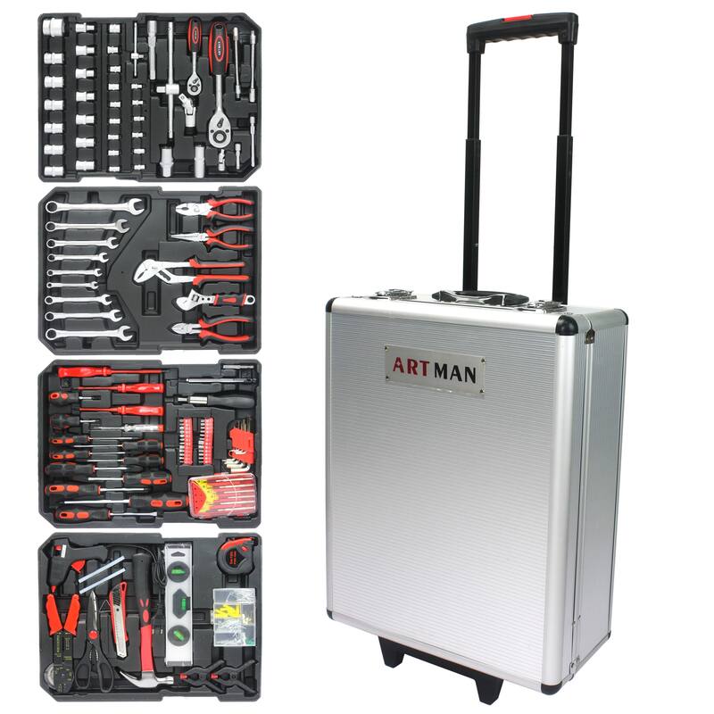 Hand Tool Box with 4 Layers of Toolset and Wheels
