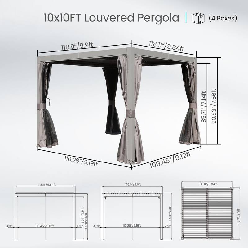10x10 FT Adjustable Louvered Pergola with Integrated Gutter System, All-Weather Aluminum Construction