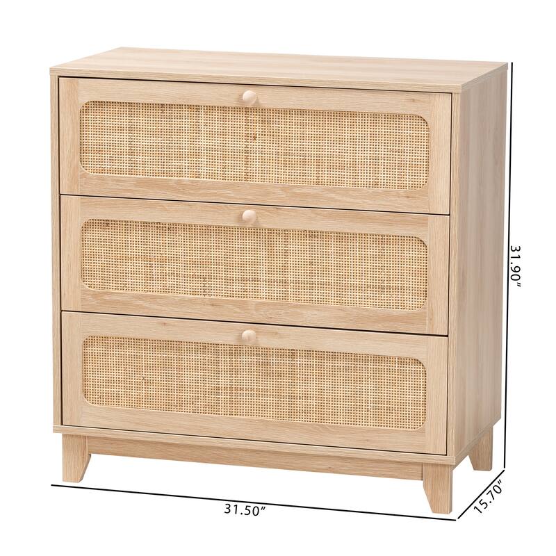 Elsbeth Japandi Oak Brown Finished Wood and Natural Rattan 3-Drawer Storage Cabinet