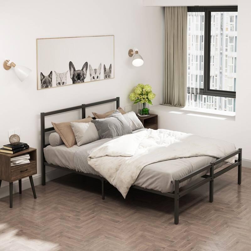 Sturdy Metal Platform Bed with Headboard, No Box Spring Needed - Queen