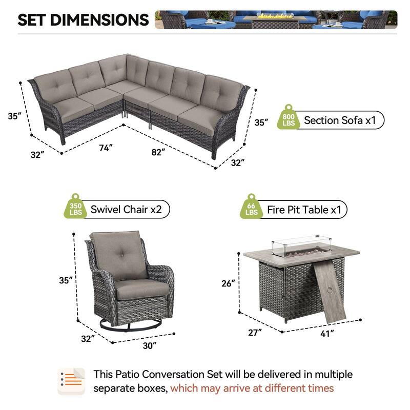 Outdoor 2 Sectional Sofa with Fire Pit Table Set