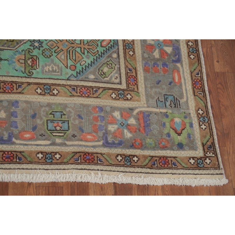 Green Tabriz Persian Vintage Area Rug Traditional Handmade Wool Carpet - 6'4" x 9'5"