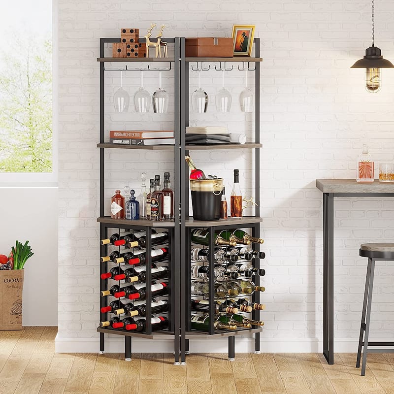 Industrial 4 Tier Corner Wine Rack with Glass Holder Corner Bar