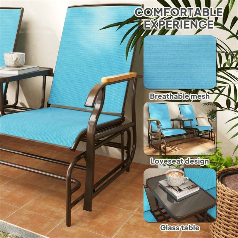 Steel Mesh Loveseat Rocking Glider Chair with Table - 57.75" W x 32.25" D x 38.5" H