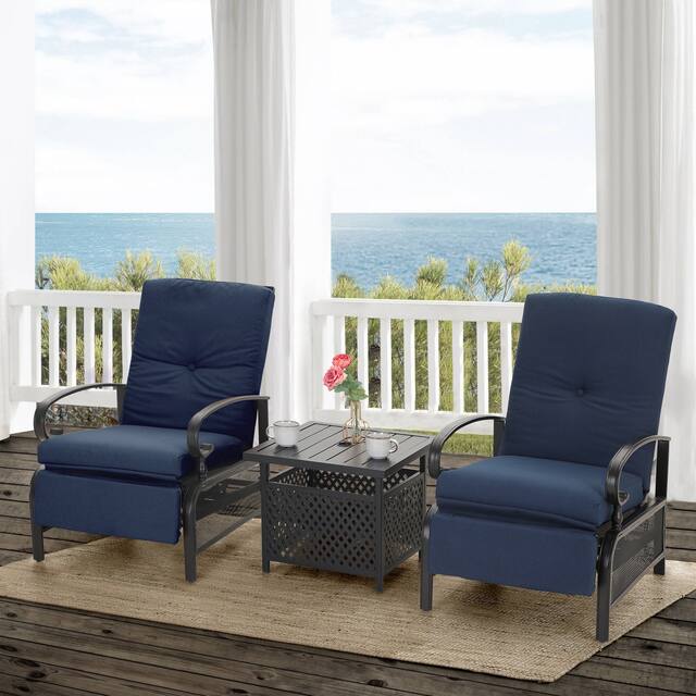 Outdoor Adjustable Cushioned Metal Patio Recliner Lounge Chair - Blue + Table 1
