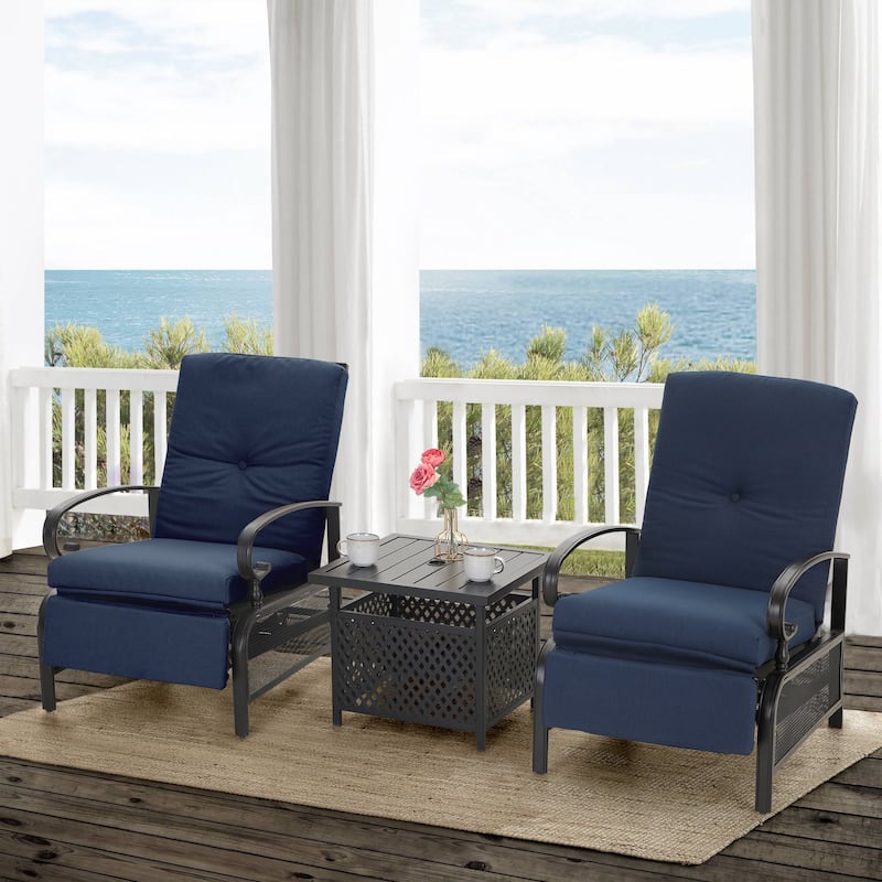 Outdoor Adjustable Cushioned Metal Patio Recliner Lounge Chair - Blue + Table 1