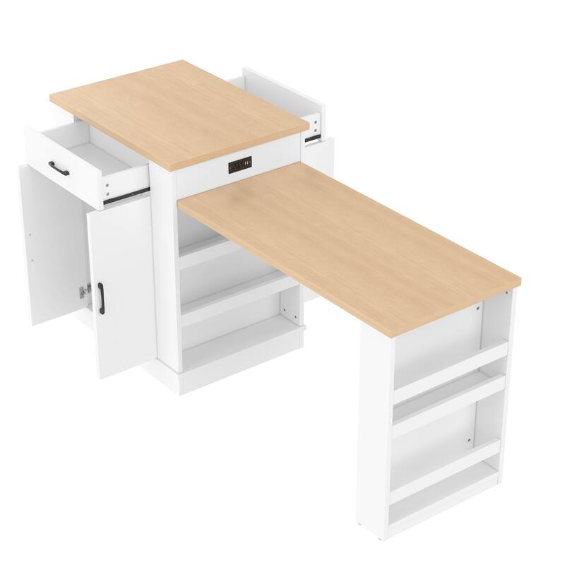 Kitchen Island with Dining Table for Extends to 47.7", Island Console with Double-Door Cabinet, 2 Drawers & 2 Open Shelves