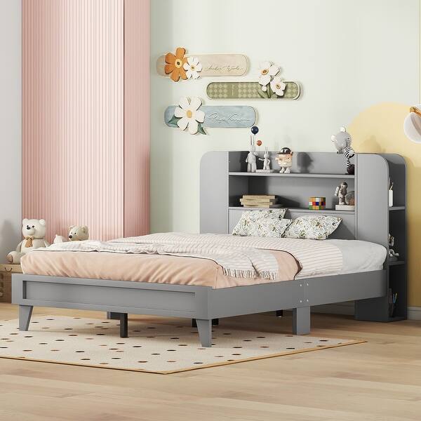 slide 2 of 9, Twin/Full Size Platform Bed with Storage Headboard, White/Gray Finish, Durable Particle Board Construction, for teenagers. Full Size Grey