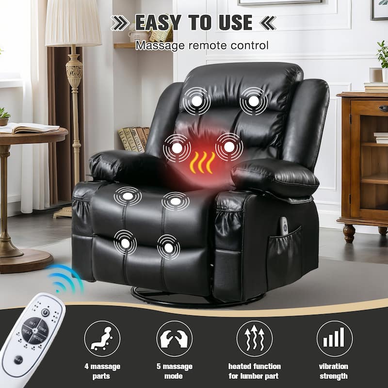 Recliner Chair with Massage & Heat, PU Leather Swivel Recliner, Electric Recliner with Side Pocket 2 Cup Holders & USB Port