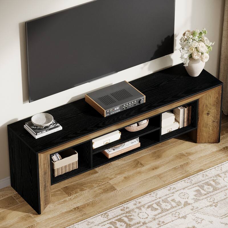 Farmhouse TV Stands for 70 inches TV, Wooden Entertainment Center with Open Storage Shelves for Living Room