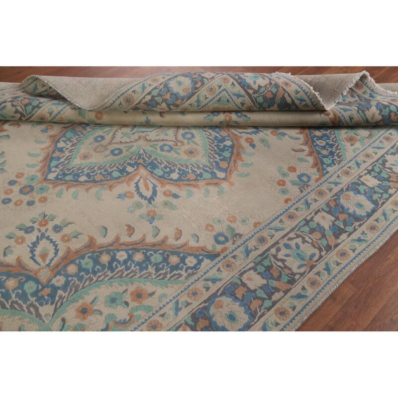 Hand Knotted Oriental 100% Wool Carpet Traditional Floral Beige & Ivories Tabriz Area Rug - 8' 8'' X 6' 5''